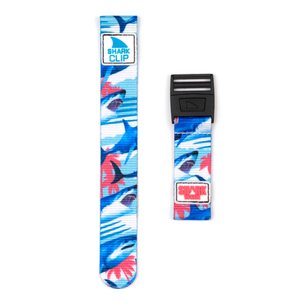 Two Freestyle APPLE WATCH™ CLIP STRAP SW MIAMI BITES featuring shark and surfboard designs; compatible with Apple Watch.