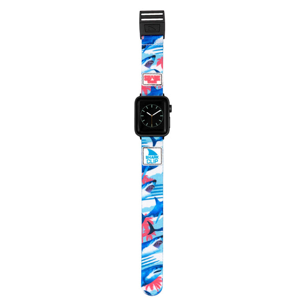 Freestyle APPLE WATCH™ CLIP STRAP SW MIAMI BITES featuring a shark-patterned band and a rectangular black face.
