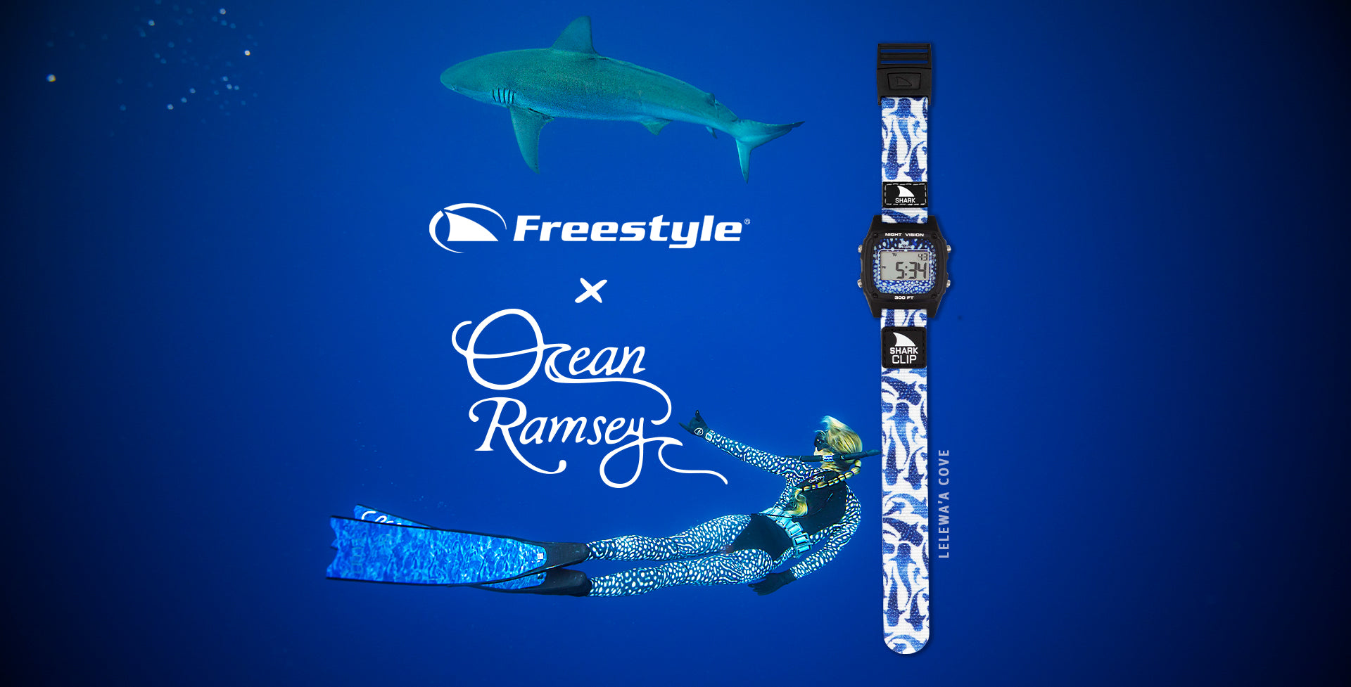 Freestyle x Ocean Ramsey watch design featuring a diver and shark, Lelewa’a Cove