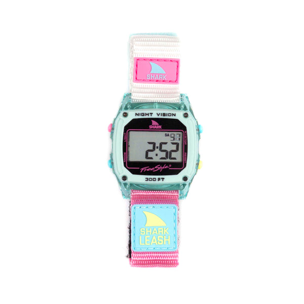 Freestyle CAROLINE MARKS SIGNATURE SHARK CLASSIC LEASH CLEAR BLUE SKY watch featuring a pink, blue, and white strap.