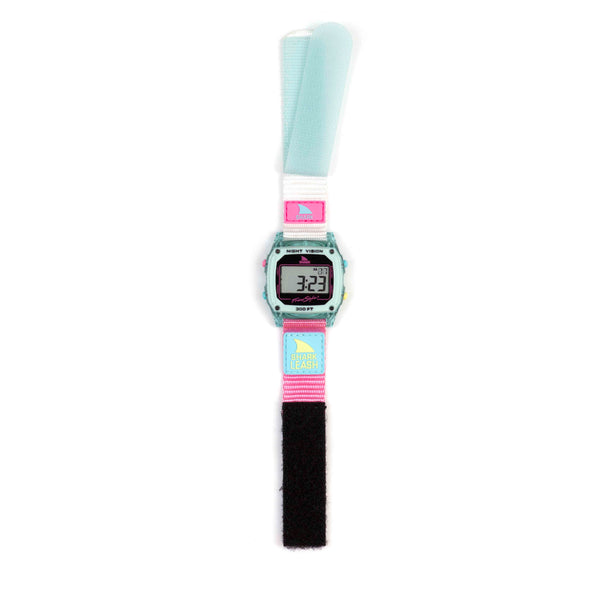 Freestyle CAROLINE MARKS SIGNATURE SHARK CLASSIC LEASH CLEAR BLUE SKY with digital display, pastel strap, velcro closure.