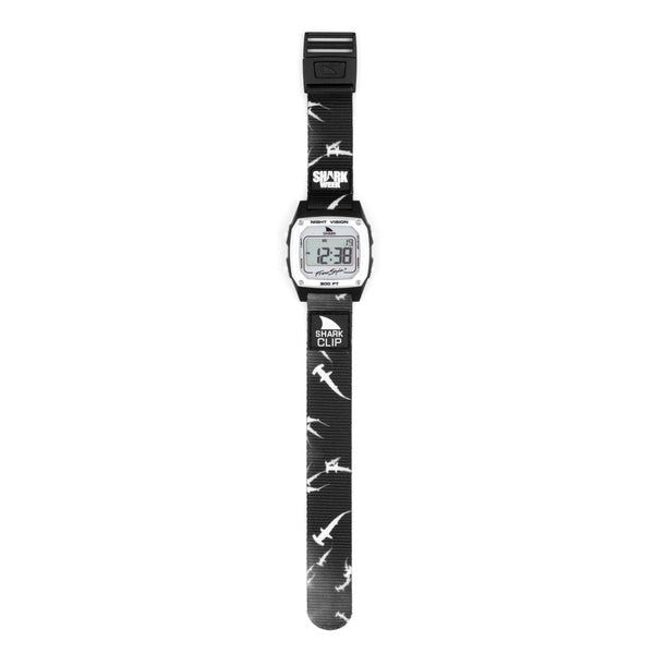 Freestyle SHARK CLASSIC CLIP SHARK WEEK MEGA HAMMERHEAD watch with shark band and rectangular display featuring digital numbers.