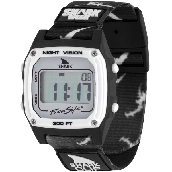 Freestyle SHARK CLASSIC CLIP SHARK WEEK MEGA HAMMERHEAD watch, black/white strap, perfect for enthusiasts of sharks and ocean adventures.