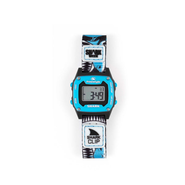 The Freestyle SHARK MINI CLIP SHARK WEEK MEGA GRIN has a blue face and a black, white & blue Shark Clip strap.