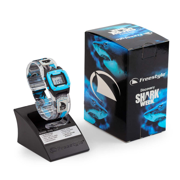 Freestyles SHARK MINI CLIP SHARK MEGA GRIN displayed in black box with SHARKS and Discovery branding.