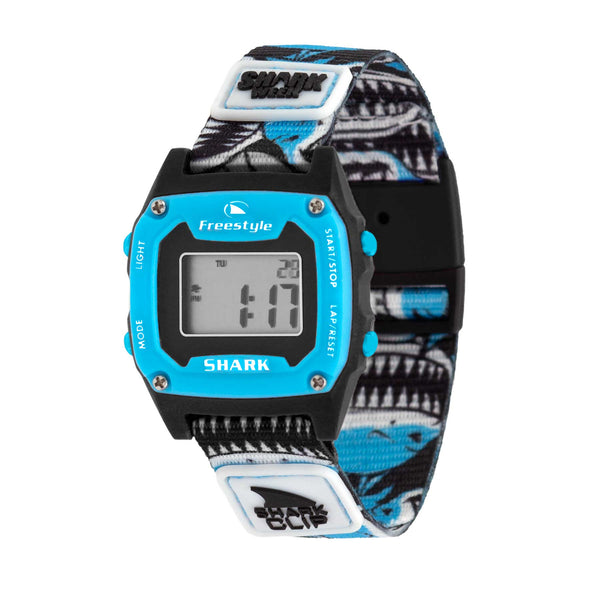 The Freestyle SHARK MINI CLIP SHARK WEEK MEGA GRIN features a blue and black Shark Week band with Shark branding.