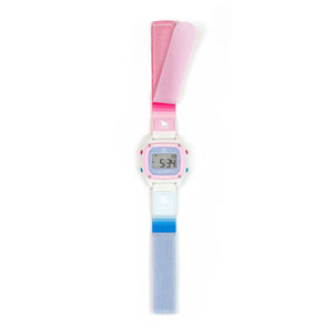 Freestyle Caroline Marks Signature Shark Classic Leash Daydream watch with pastel strap shows digital numbers on its display.