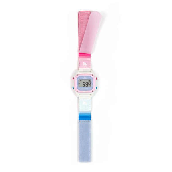 Freestyle Caroline Marks Signature Shark Classic Leash Daydream watch with pastel strap shows digital numbers on its display.