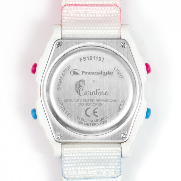 Close-up of the back of the Freestyle Caroline Marks Signature Shark Classic Leash Daydream watch for surfers.