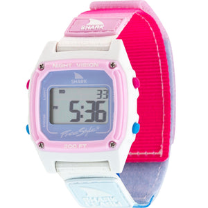 The Freestyle Caroline Marks Signature Shark Classic Leash Daydream watch features a pastel strap and displays numbers on its digital screen.