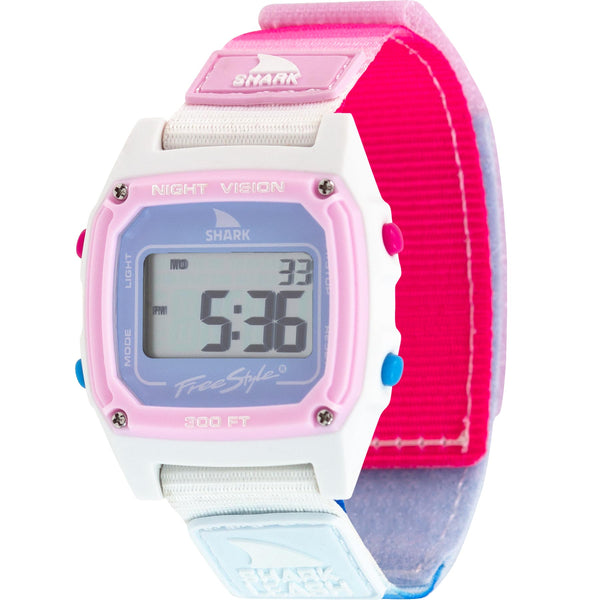 The Freestyle Caroline Marks Signature Shark Classic Leash Daydream watch features a pastel strap and displays numbers on its digital screen.
