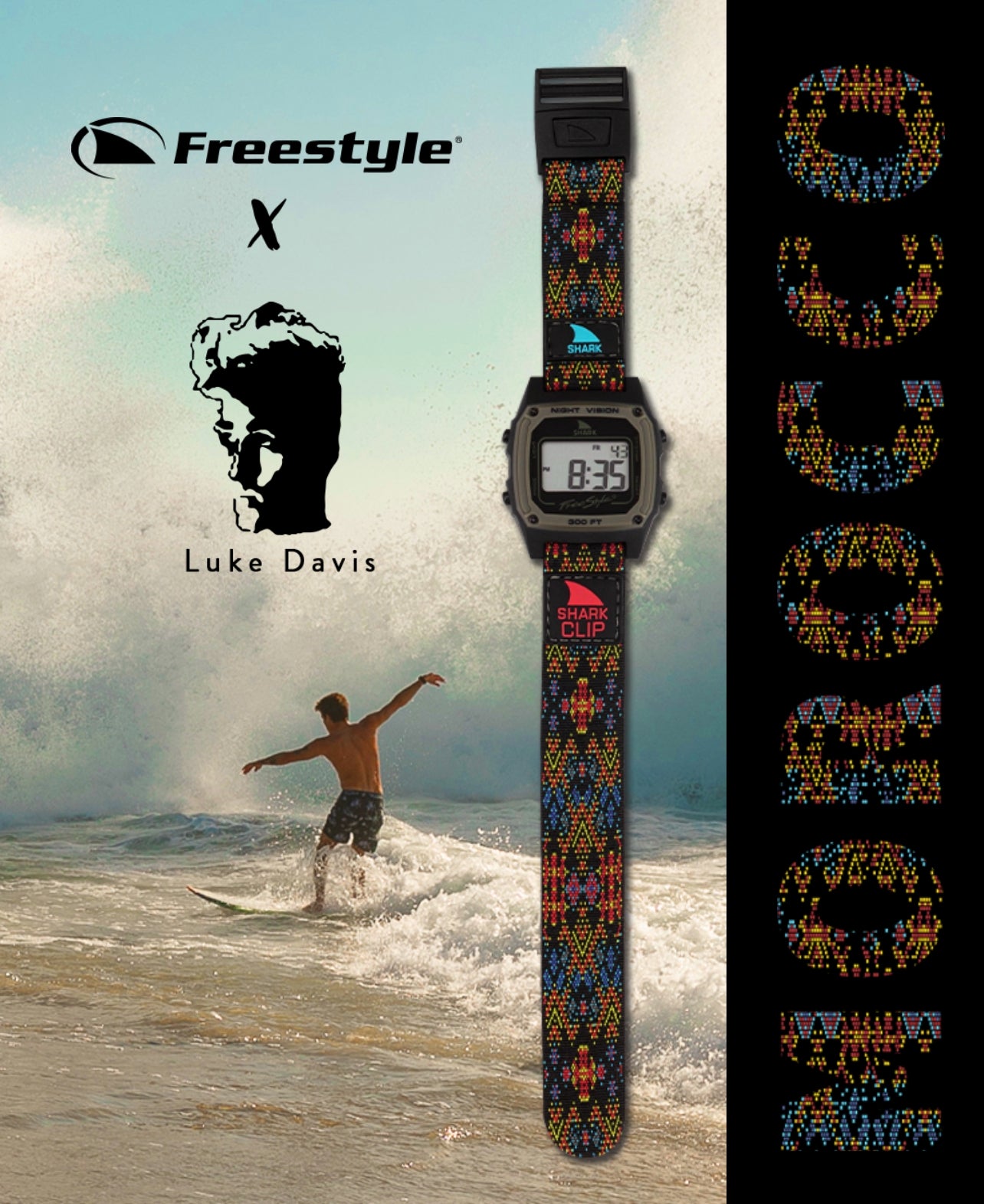 Freestyle X Luke Davis collab poster: surfer and SHARK watch (8:35 FR, NIGHT VISION, SHARK, SHARK CLIP, 300 FT)